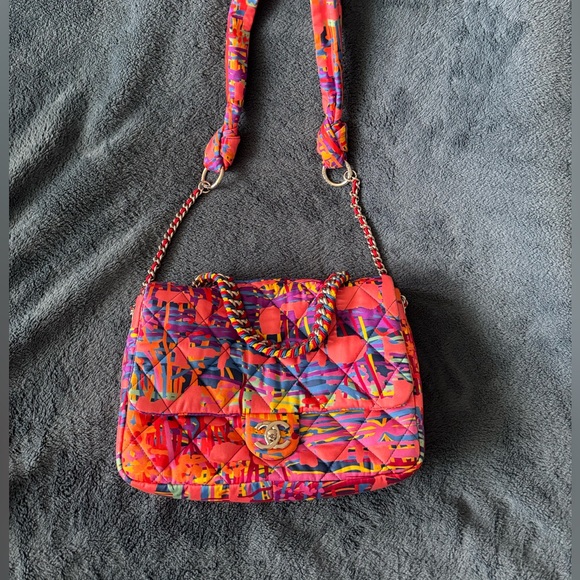 Chanel Foulard Fabric Quilted Printed Flap Pink Shoulder Crossbody Bag - Picture 1 of 13